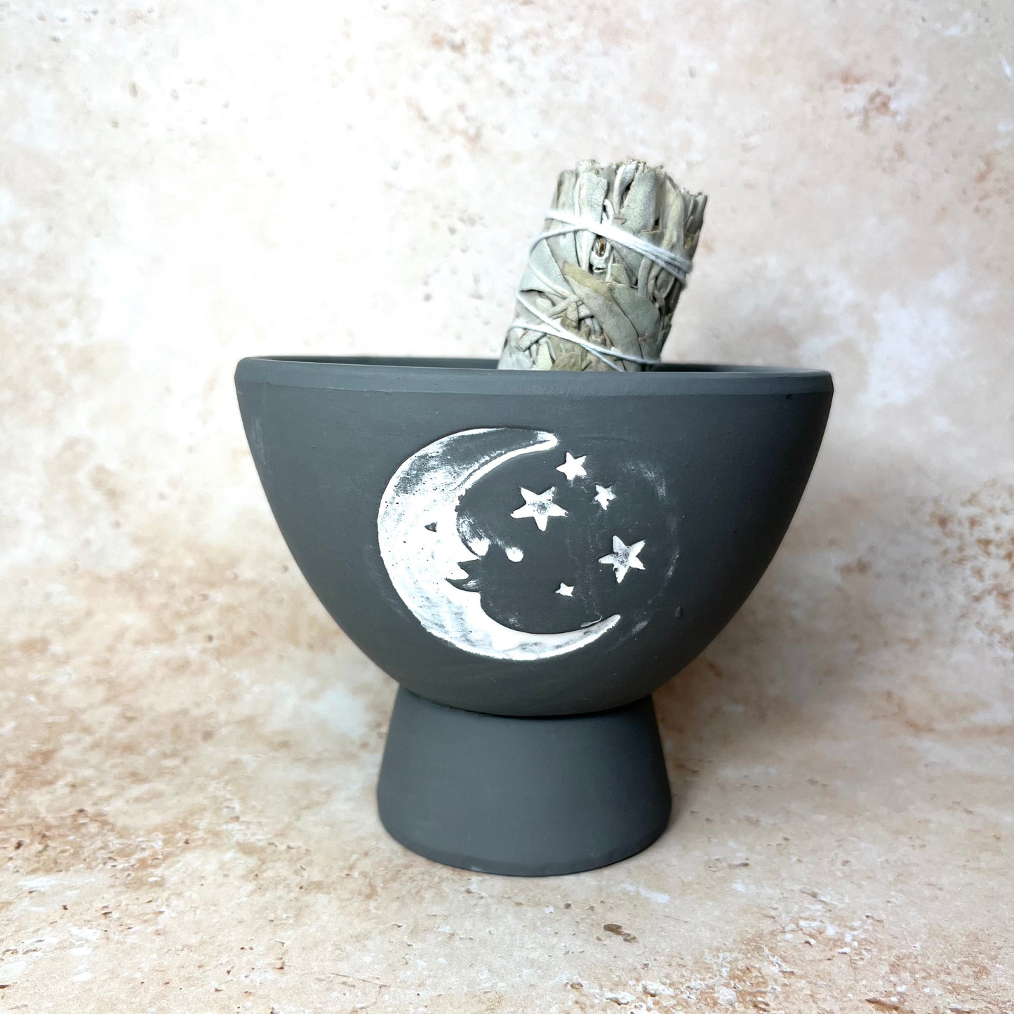 Terracotta Smudge Bowl- Grey Moon And Stars