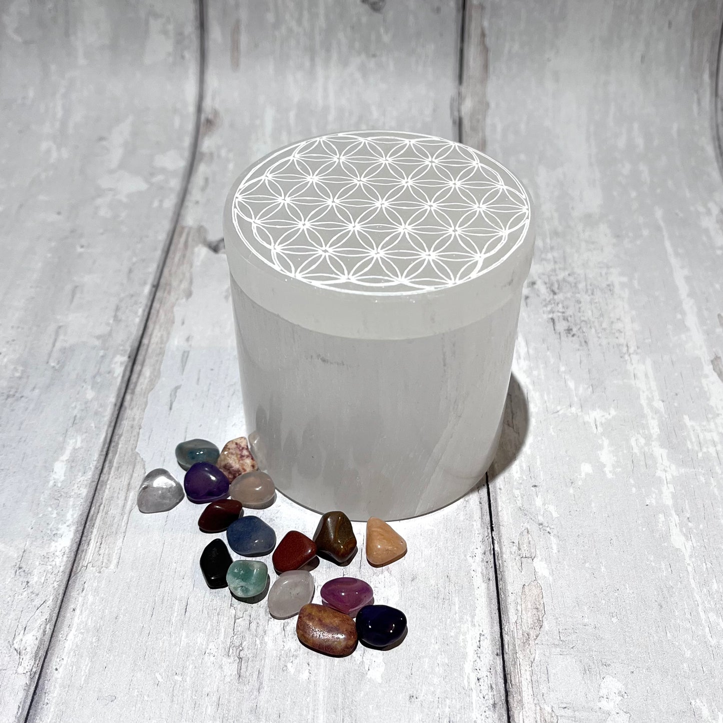 Selenite Etched Flower Of Life Trinket Dish With Lid
