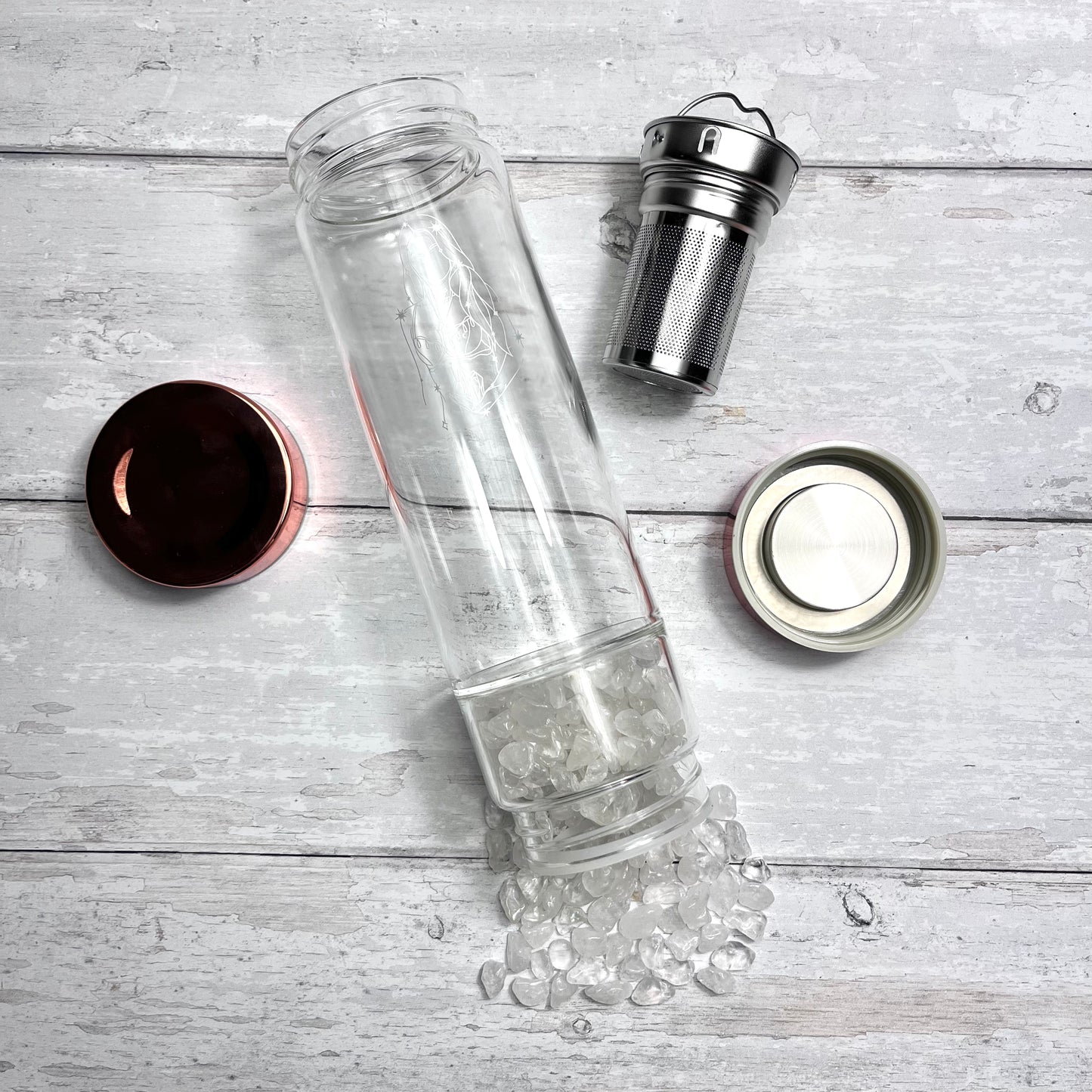 Rose Quartz Glass Tea Infuser Bottle - Rose Gold