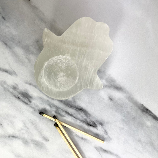 Selenite Hamsa Hand Tea Light Holder