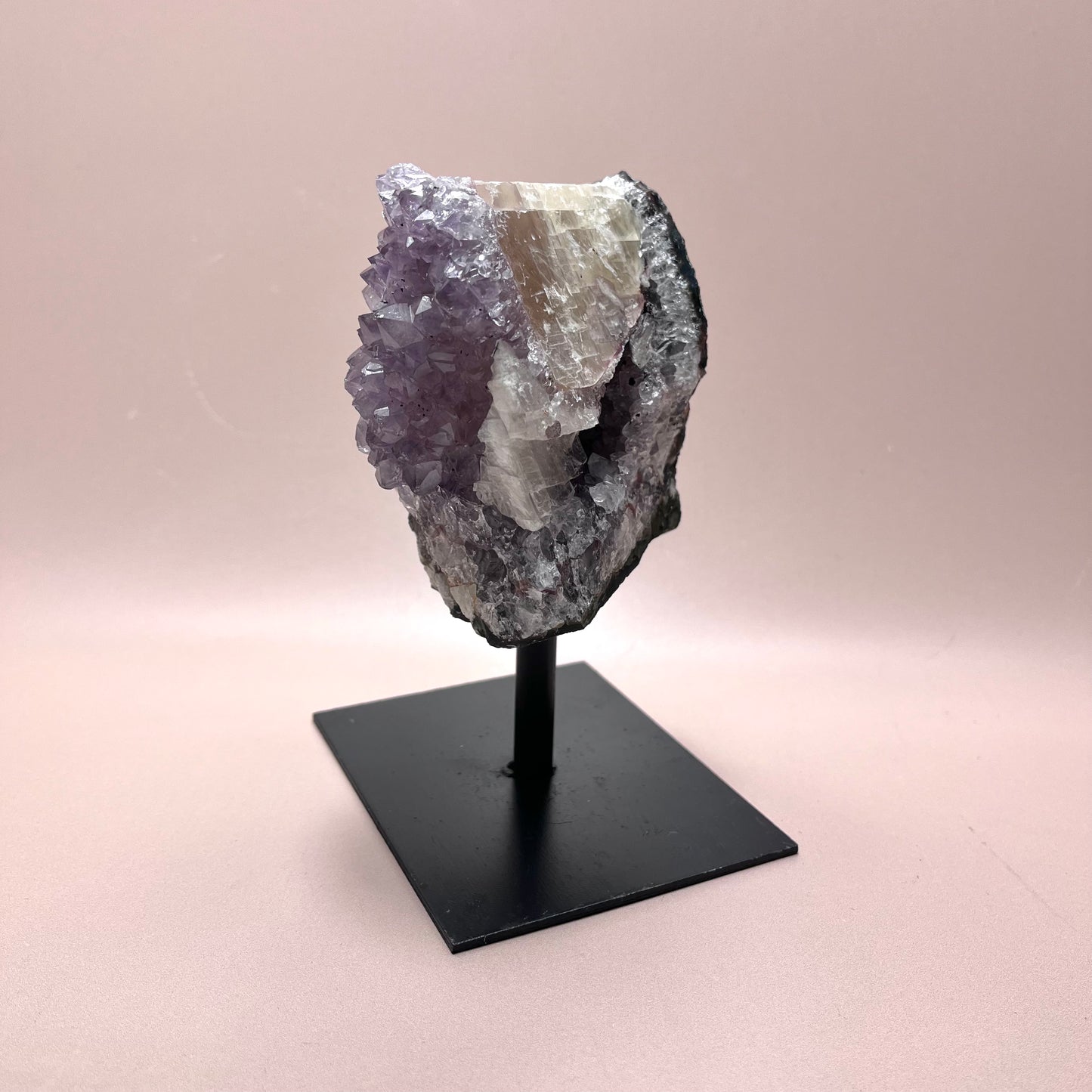 Amethyst Cluster With Calcite on Metal Stand