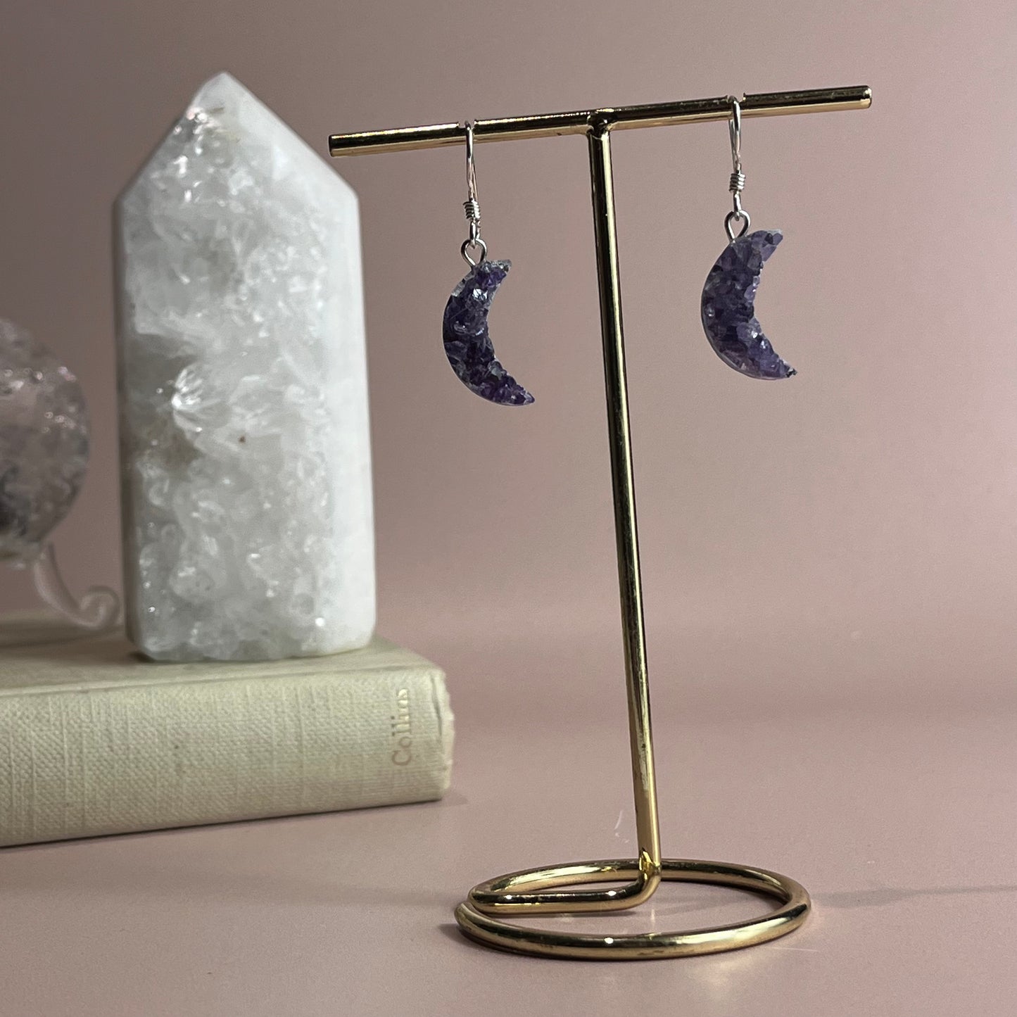 Druzy Amethyst Moon Earrings