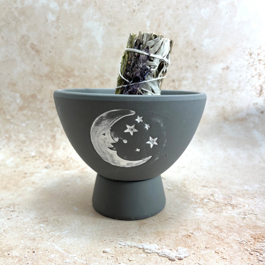 Terracotta Smudge Bowl- Grey Moon And Stars